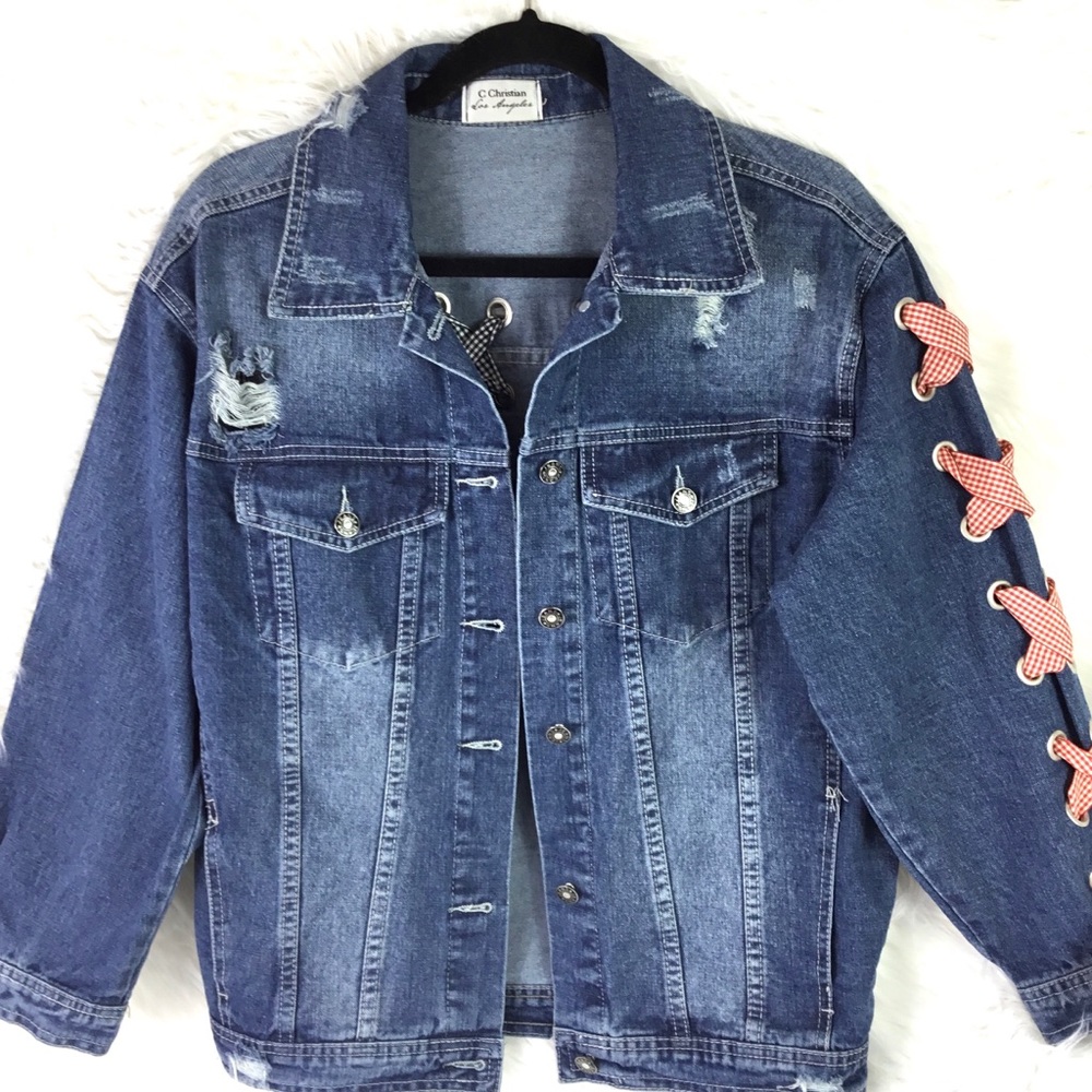 C Christian Los Angeles Button Up Denim Rivets and Ribbons Jacket Women's Small